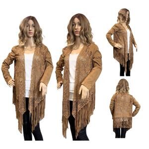 Adore Faux Suede Laser Cut Fringe Jacket SZ S $89